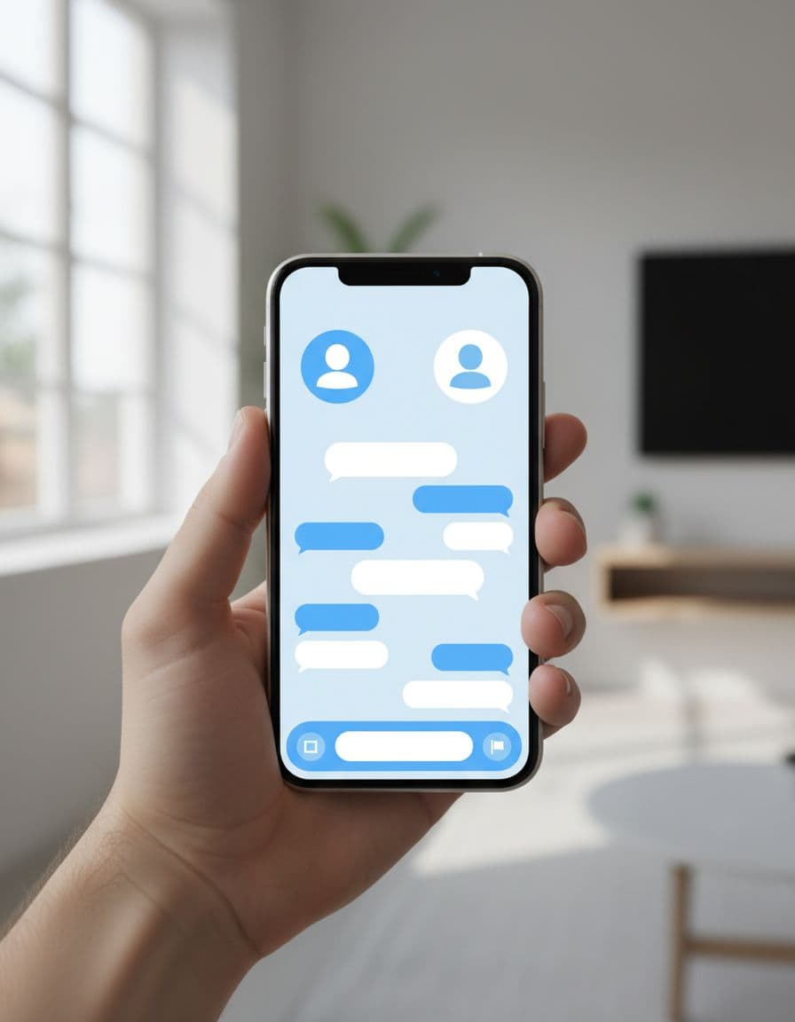 Close-up of a smartphone held in one hand, screen displaying a simple chat interface in a language app with subtle block and report icons at the bottom. Modern design in soft blues and whites under natural indoor lighting, clean focus on the device with relaxed hand grip.