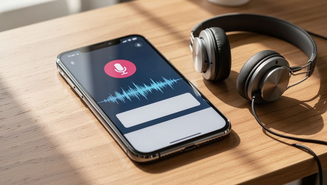 Close-up of a smartphone screen showing a generic language learning app's dictation exercise with active microphone icon, playing audio waveform, and text input field, on a wooden desk with headphones nearby under bright natural light.
