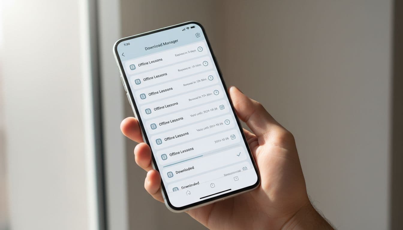 Hand holding smartphone displaying clean language app download manager list of offline lessons with expiry dates and timers, modern minimalist style in natural daylight.