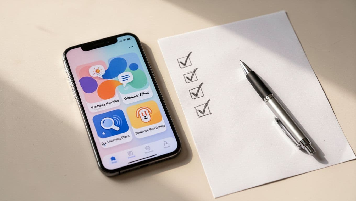 Top-down minimalist vector illustration of a smartphone screen on a table displaying a language app with mixed review exercises like vocab matching, grammar fill-in, listening, and sentence reordering, beside a printed checklist with pen and checkmarks. Soft pastel colors, natural lighting, no text or people visible.