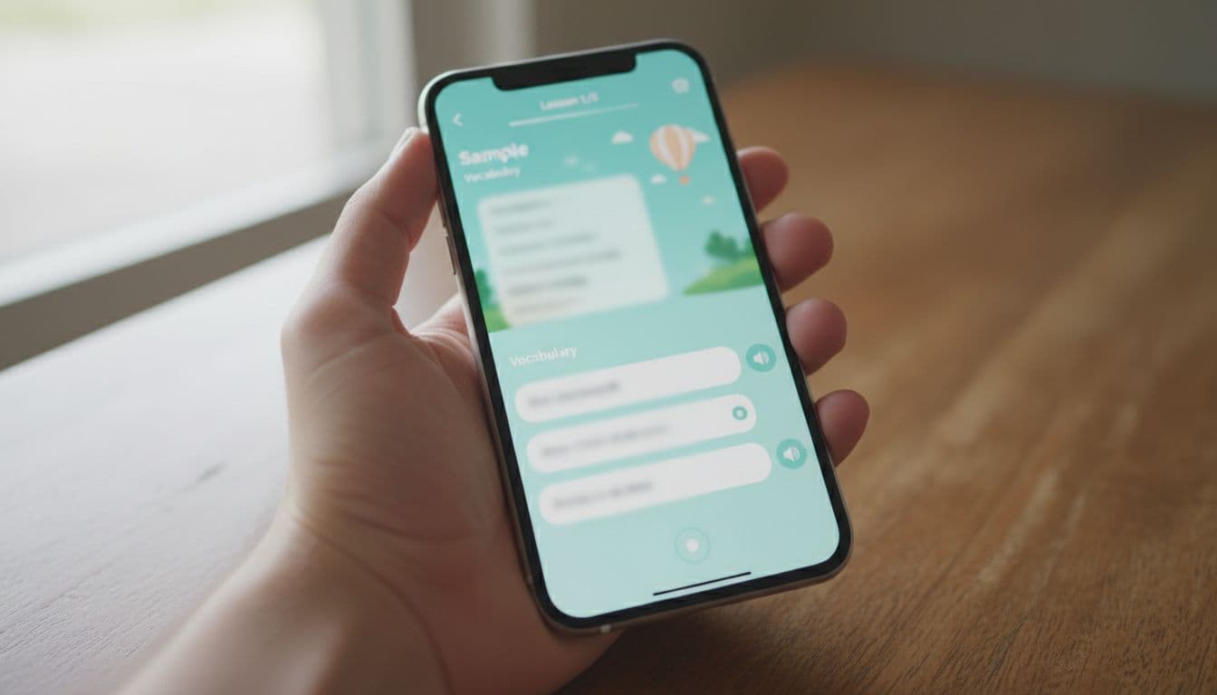 Close-up of a smartphone screen displaying a language learning app open to a sample lesson without login or account prompts. A single hand holds the phone at an angle on a wooden table with soft natural light, realistic photo style.