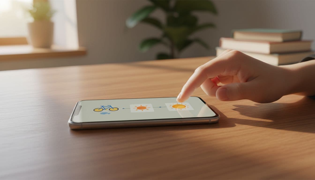 Smartphone on a wooden table in a cozy home office displaying a language learning app with colorful minimalist illustrations linking words to images like bicycle for 'bike' and sun for 'sun', with a learner's hand touching the screen under soft natural light.