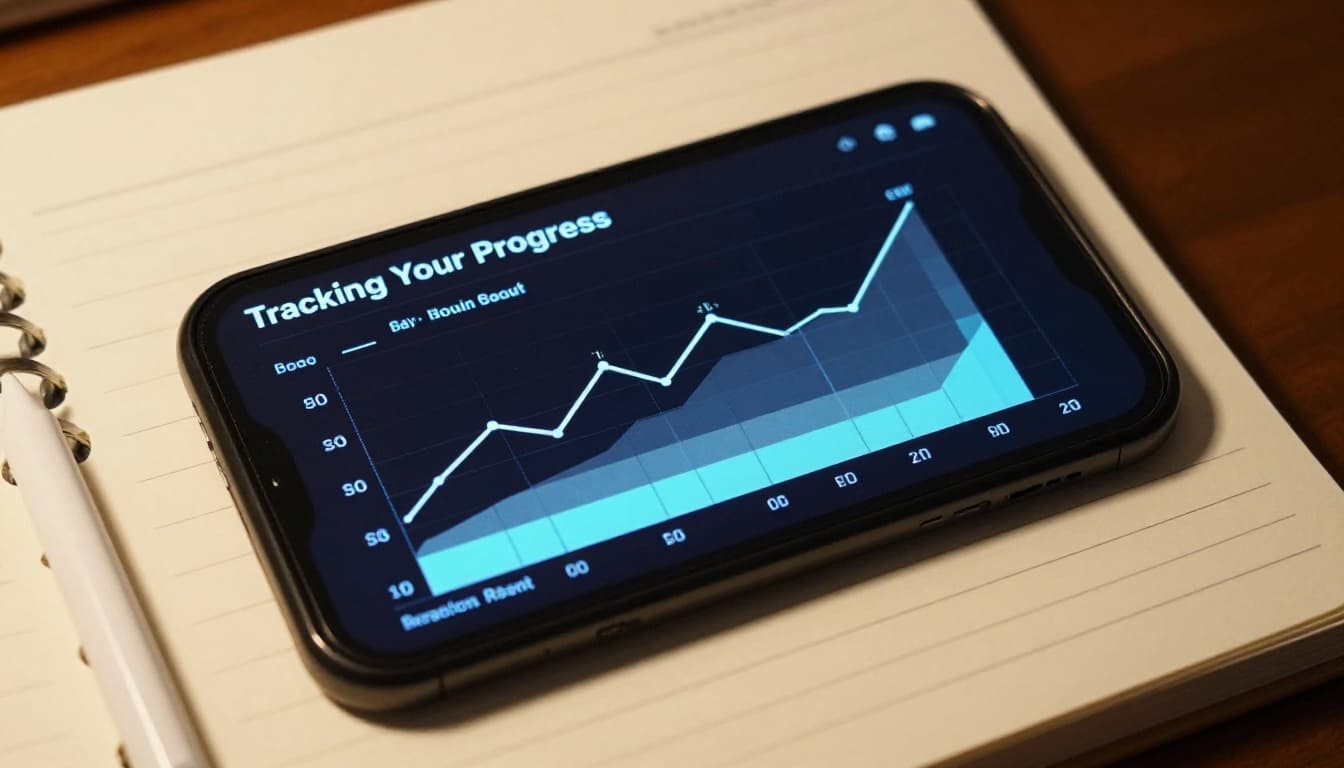 Skritter Review for Serious Learners in 2026 3 Smartphone on desk shows simplified progress charts with rising trends and bars, stylus and notebook beside it under cozy lamp light.