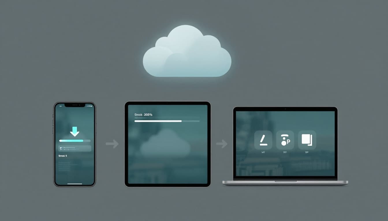 The 10-minute cross-device sync test for language apps (phone, tablet, web), spot missing progress and broken downloads 3 Modern flat-vector image showing a smartphone, tablet, and laptop side by side with blurred lesson progress screens, connected by sync arrows to a glowing cloud icon above.