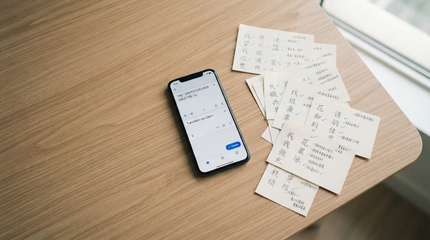 A smartphone with a translation app beside Chinese flashcards on a desk.