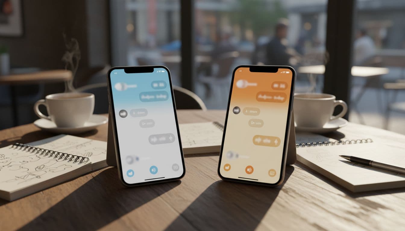 Two smartphones side by side on a cafe table show angled screens with language exchange chat interfaces featuring voice messages, notebooks nearby.
