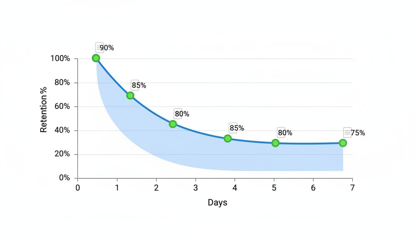 Simple modern graph showing the forgetting curve in language learning with blue retention drop and green review boosts over 7 days, flat design with flashcard icons.