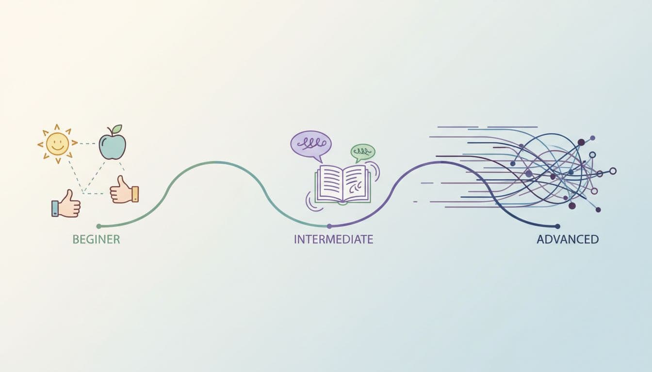 Dreaming Spanish Review for Serious Learners in 2026 3 Horizontal line art infographic shows beginner icons, intermediate conversation symbols, and advanced complex visuals from left to right.