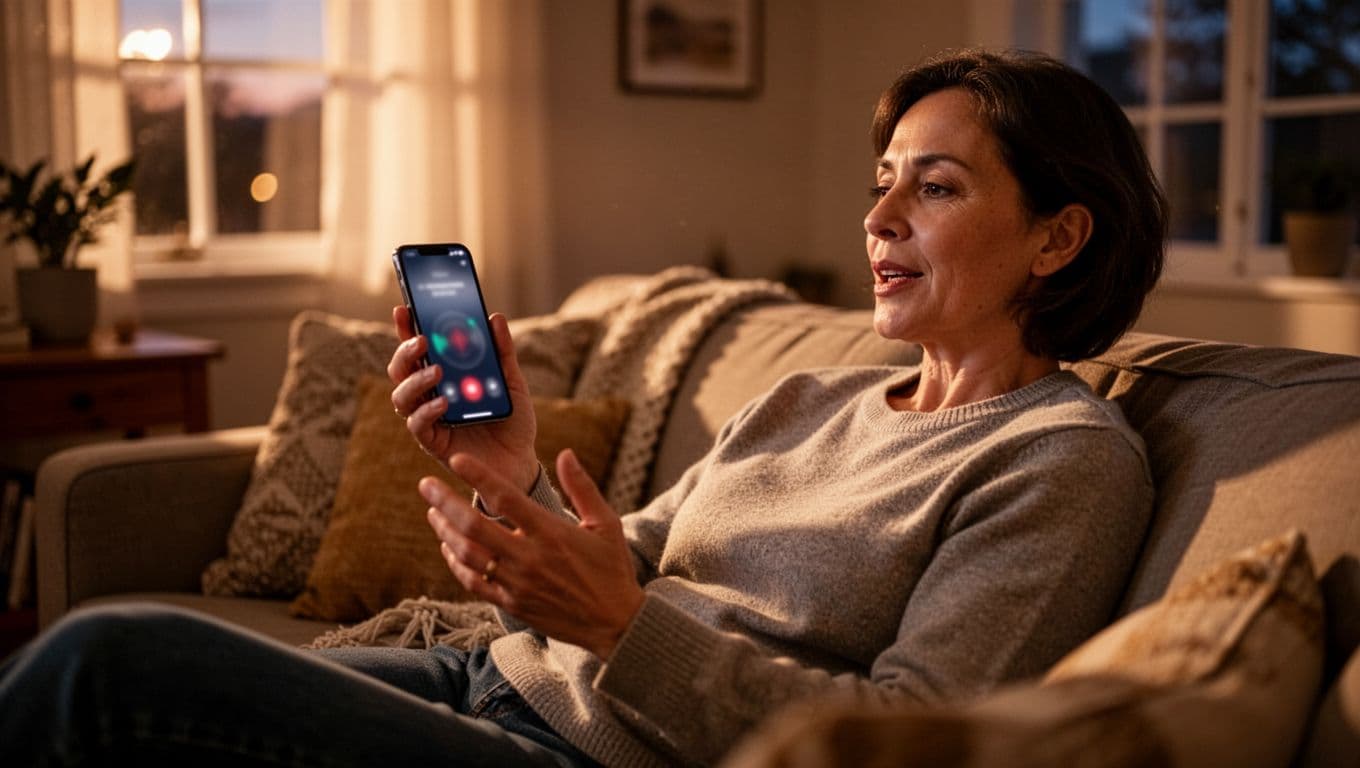 Person practicing speaking into a smartphone microphone in a cozy living room, screen shows blurred audio wave, relaxed pose with phone held loosely, warm evening light, photorealistic.