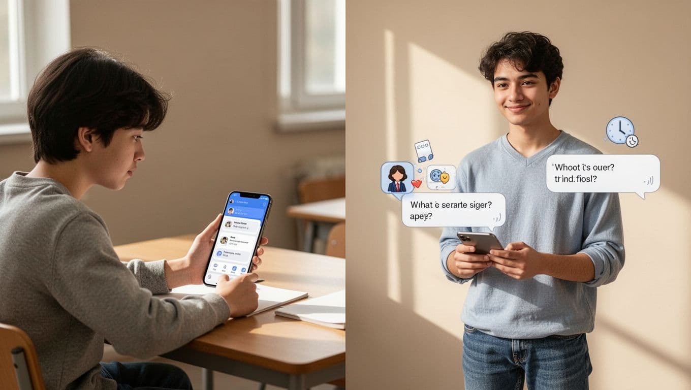 A 10-Minute Translation Reliance Check for Language Apps 3 Split-screen illustration contrasting a beginner language learner using app translations on the left with an intermediate learner generating sentences independently on the right, featuring simple app icons, neutral background, and no text.