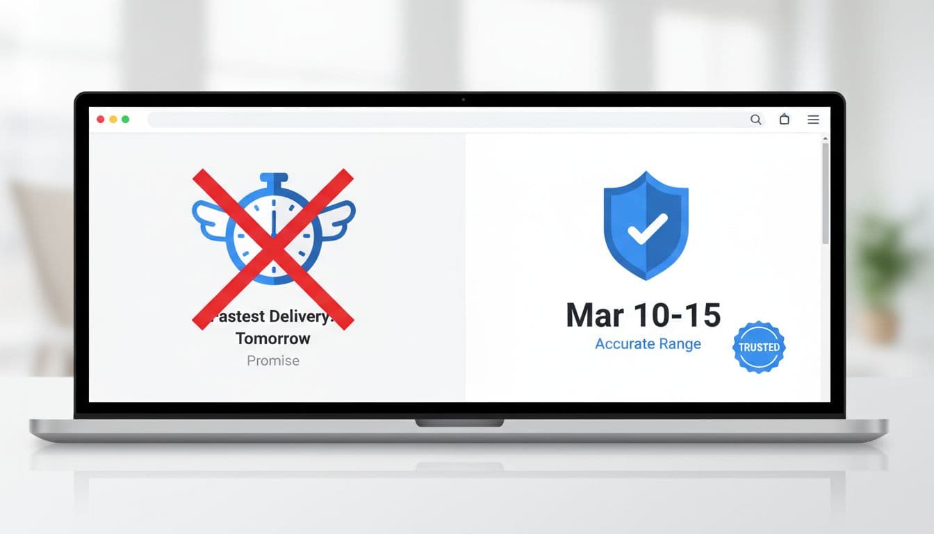 Split screen on desktop checkout page: left shows crossed-out fast delivery promise, right displays accurate 'Mar 10-15' range with trust badge, using illustrative icons and bright lighting.