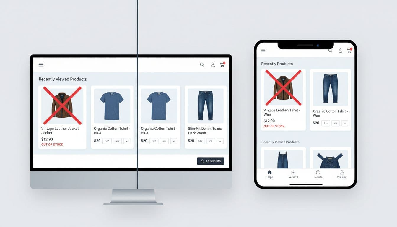 Split screen displaying desktop and mobile e-commerce interfaces for recently viewed products, with an out-of-stock item crossed out next to available ones in a neutral professional style.