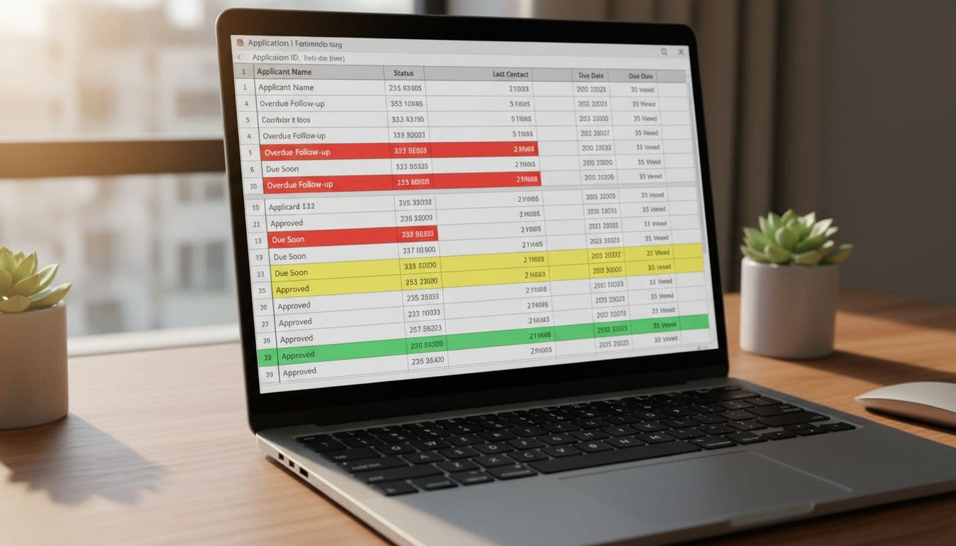 Realistic laptop screen view of a spreadsheet using conditional formatting to highlight rows red for overdue follow-ups, yellow for due soon, and green for approved, with status and date columns.