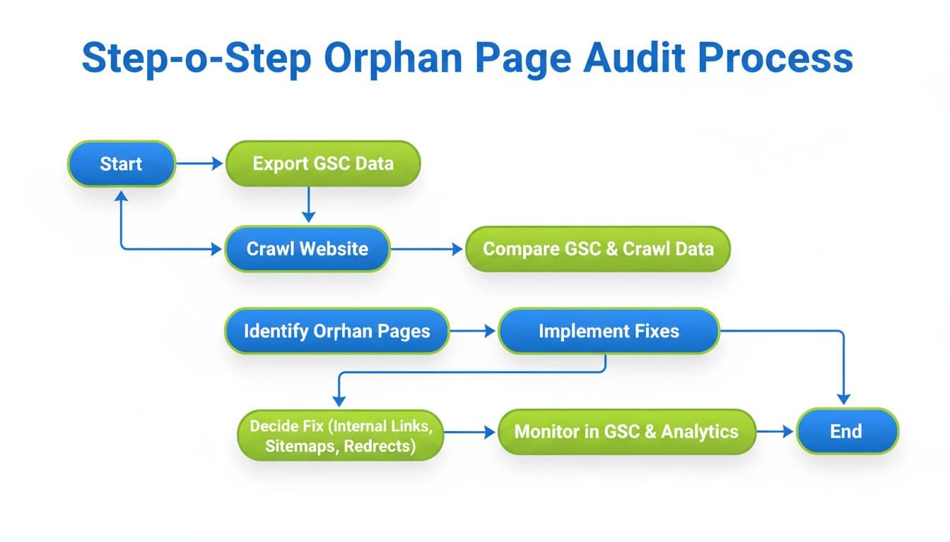 A clean, professional flowchart diagram illustrating the orphan page audit process using Google Search Console exports and site crawls, from data export to implementation and monitoring.