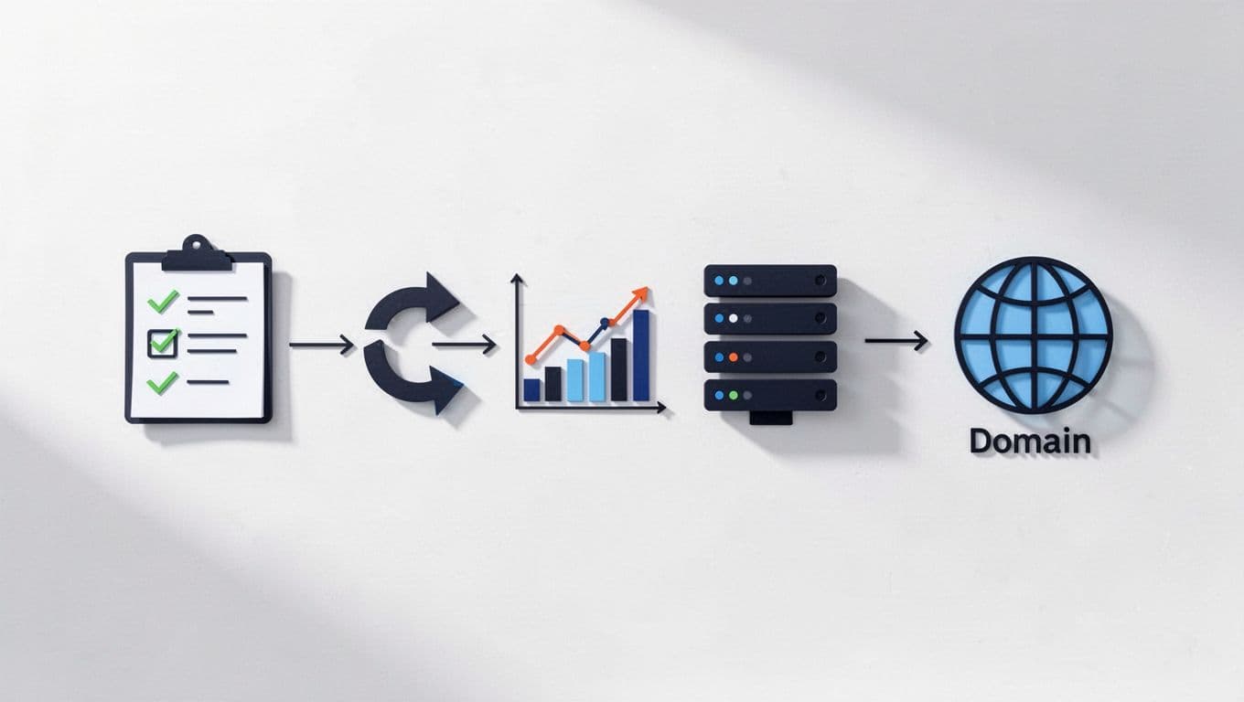 Clean modern illustration of a website migration flowchart showing planning, audit, migration, testing, and monitoring stages connected by arrows, with simple icons for checklist, redirects, analytics dashboard, server, and domain. Professional minimal high-contrast tech aesthetic on white background, no text, no people, no logos, no watermarks.