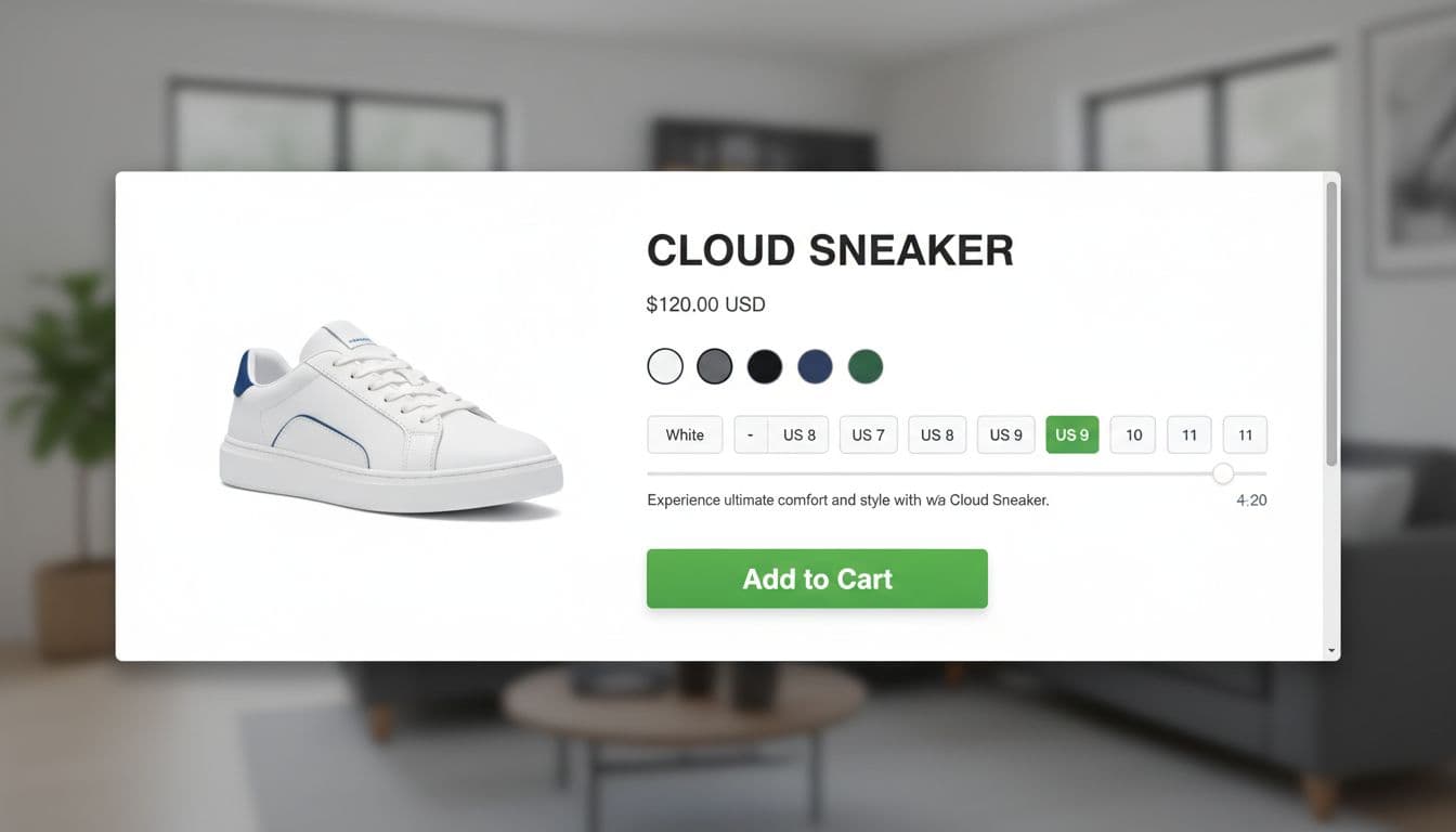 Scrollable desktop quick view modal displaying product details with a sticky green Add to Cart button fixed at the bottom during scroll. Features product image on left, details and selectors on right in modern ecommerce light theme.