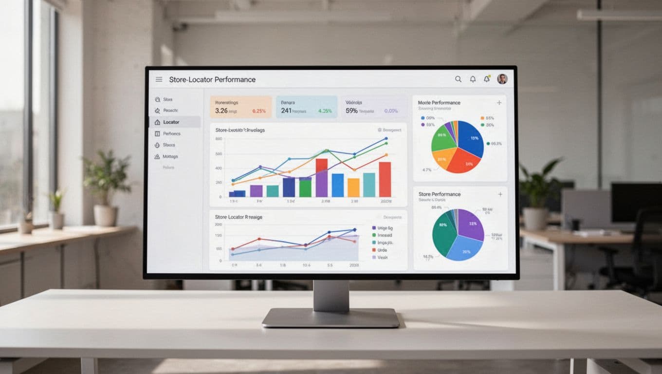 Analytics dashboard screen displaying store locator performance metrics such as visits, conversions to directions requests, local orders initiated, and mobile vs desktop usage in a clean modern SaaS style with charts, graphs, subtle neutral colors, and high clarity.