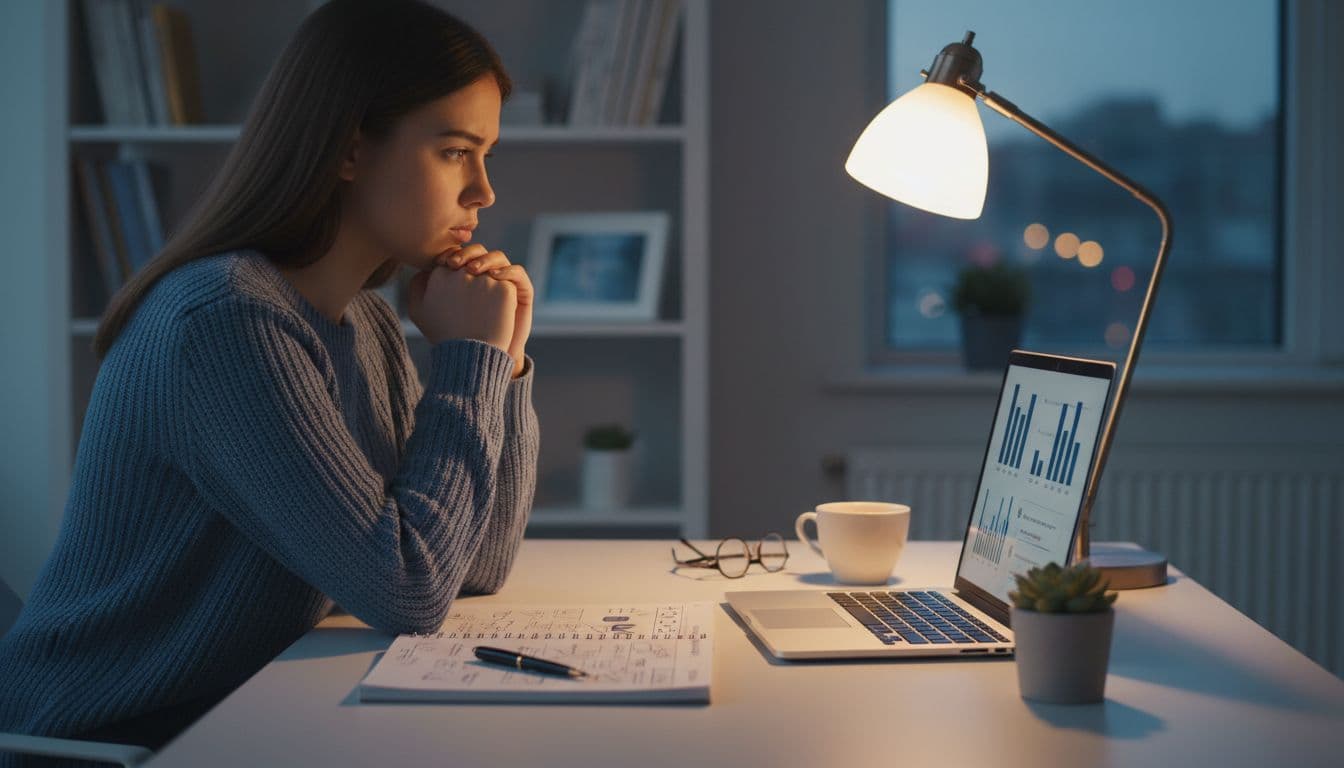 Serious student in early 20s at modern desk with laptop open to language app comparison charts, notebook with notes nearby, pondering choices under soft evening lamp light, realistic photo.