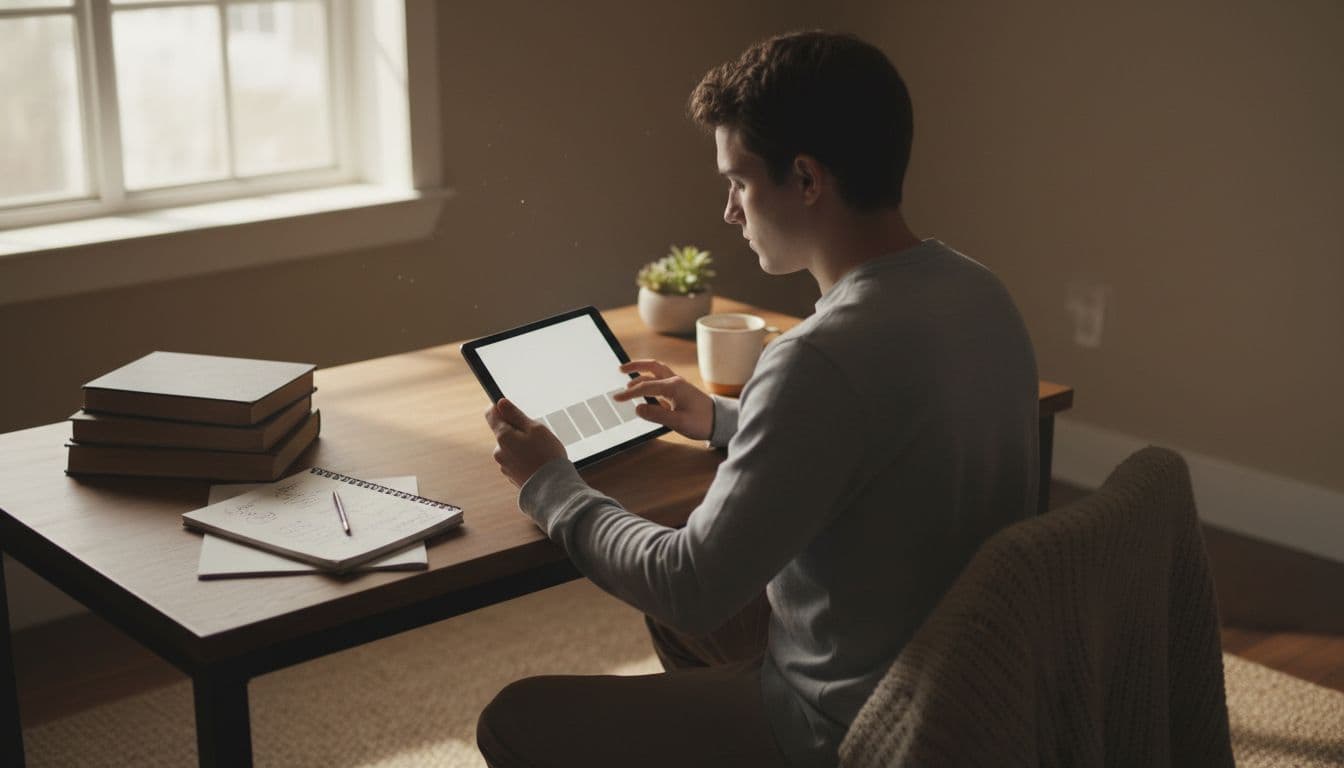 Student at desk uses tablet for flashcard study with books and notes nearby in cozy sunlit room.