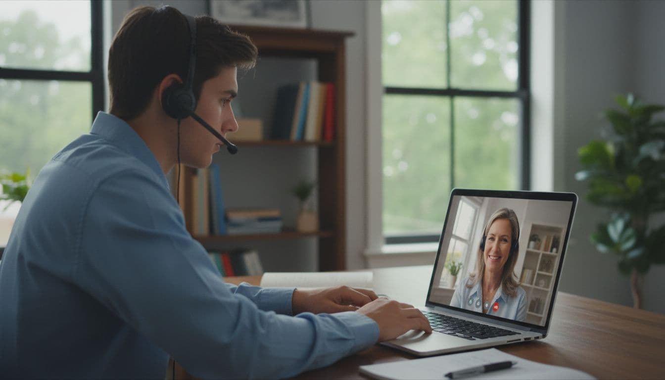 italki vs Preply in 2026: Which Is Better for Serious Learners? 2 Student at home office desk focuses on laptop screen showing video call with language tutor.