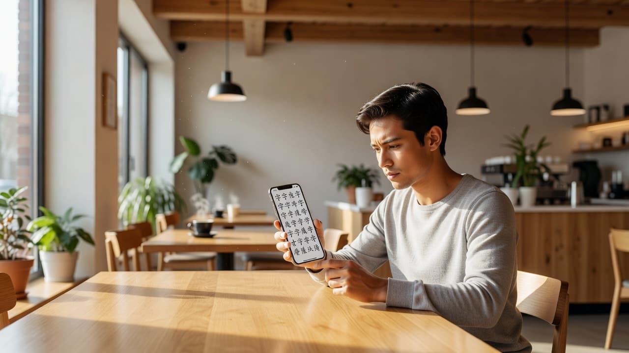 A focused individual sits at a polished wooden cafe table, holding a smartphone to study Chinese characters. Warm sunlight streams through the background, highlighting the serene and modern coffee shop interior.