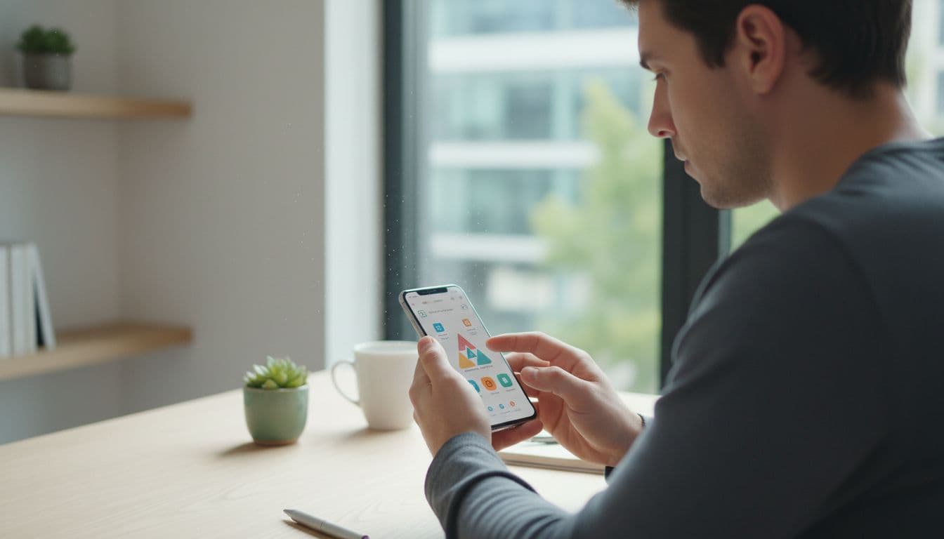 Best Finnish Learning Apps for Serious Learners in 2026 2 A focused individual sits at a minimalist white desk, holding a smartphone to interact with an educational interface. Soft natural light filters into the quiet, clutter-free room, highlighting the professional atmosphere.