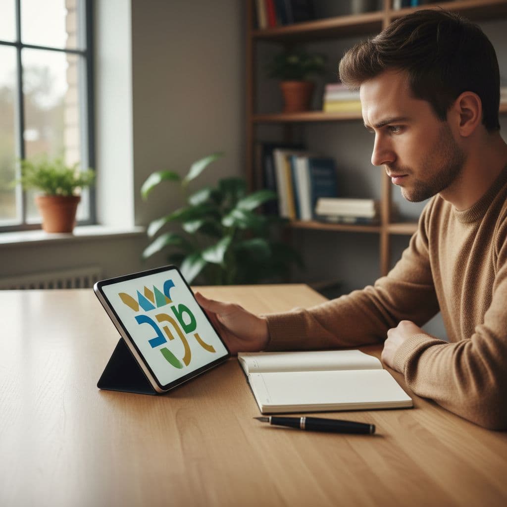 Best Hebrew Learning Apps for Serious Learners in 2026 2 A focused student sits at a wooden desk using a tablet to study abstract language shapes.