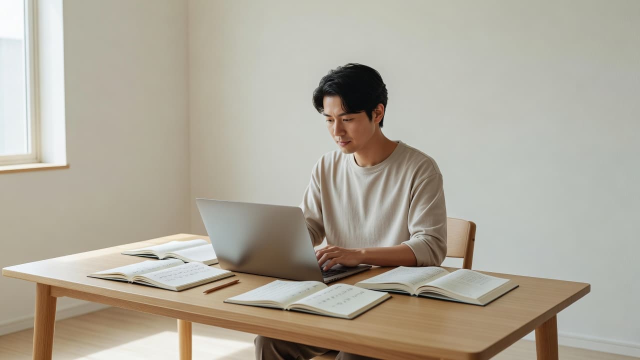 A person sits at a clean wooden desk using a laptop to study Japanese in a sunny room.