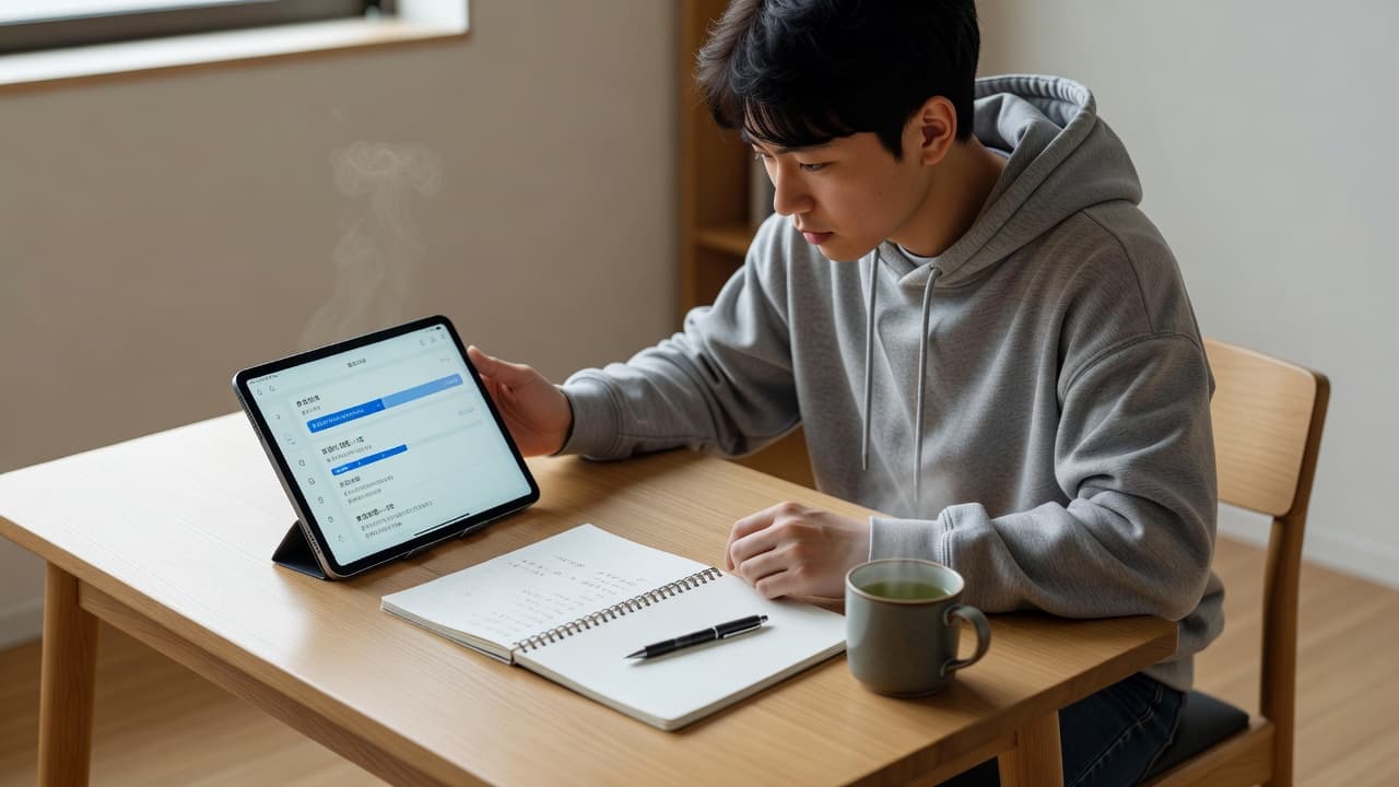 A focused student sits at a wooden desk while reviewing language lessons on a tablet. An open notebook and a steaming cup of tea rest nearby under soft, gentle afternoon sunlight.