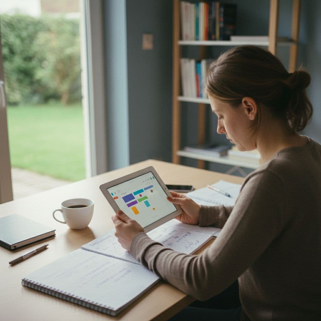 A focused student sits at a clean desk, reviewing notes on a tablet screen. Beside the device lies a leather-bound notebook, an open textbook, and a steaming mug of hot coffee.