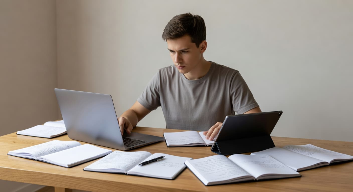 A focused student sits at a minimalist wooden desk, using a laptop and tablet to study. The room is quiet and well-lit, providing an ideal atmosphere for deep concentration and learning.