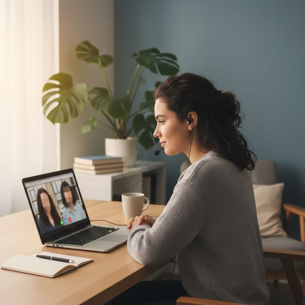 A person sits at a wooden desk while participating in a video call on a laptop.