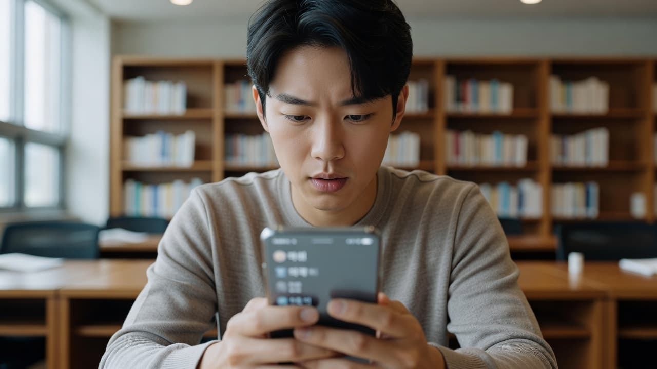 A focused student holds a smartphone while reviewing language lessons in a bright, quiet library. The soft natural light illuminates their concentrated expression as they practice speaking skills during study time.