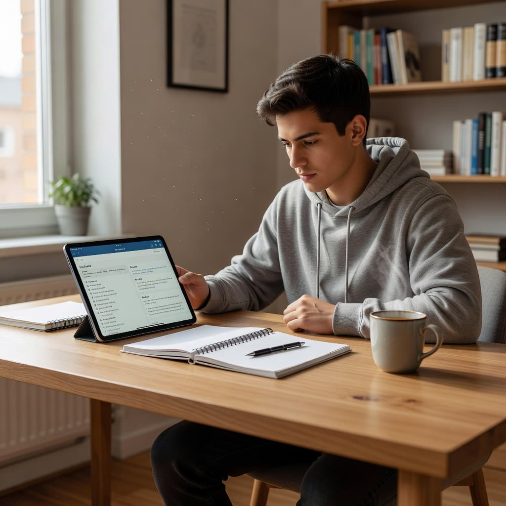 Best DELE Prep Apps for Serious Learners in 2026 2 A focused student sits at a tidy wooden desk illuminated by soft natural light. On the desk, a tablet screen remains active beside an open notebook and a hot cup of coffee.