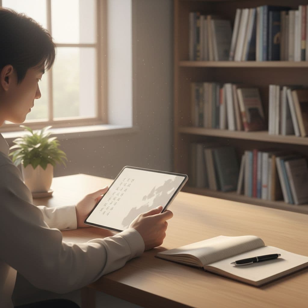 Best Chinese Reading Apps for Serious Learners in 2026 2 A focused student sits at a clean wooden desk, holding a slim digital tablet while reading content. A paper notebook rests nearby under soft, natural morning sunlight in a quiet room.