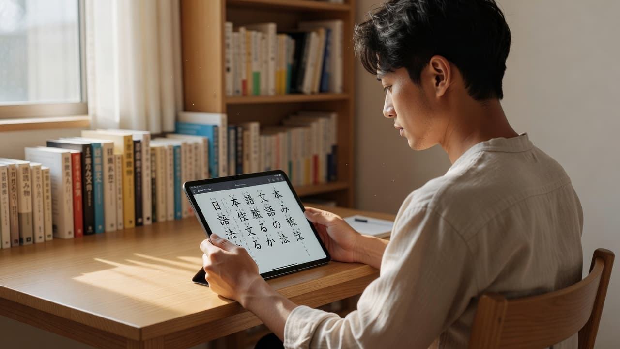 How to Use WaniKani and Satori Reader Together 2 A dedicated learner sits in a softly lit, serene room, intently observing a tablet displaying Japanese characters with small furigana guides. Gentle sunlight illuminates the screen and the person's focused expression.