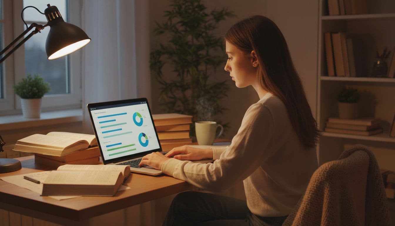 Serious student at desk views charts and progress bars on laptop in cozy evening study room.
