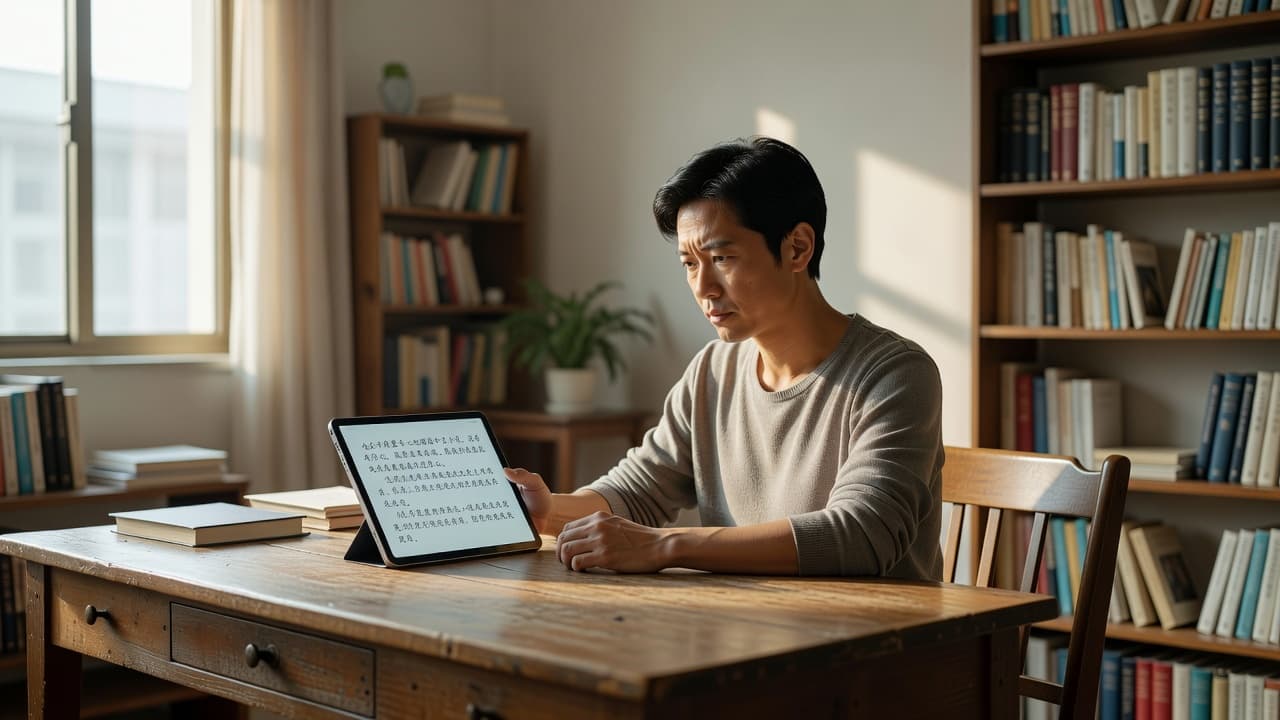 Du Chinese vs LingQ for Chinese Reading in 2026 2 A focused student sits at a minimalist wooden desk, intently reviewing Chinese characters on a sleek tablet. Soft natural light illuminates the quiet room and highlights the learner's concentrated facial expression.