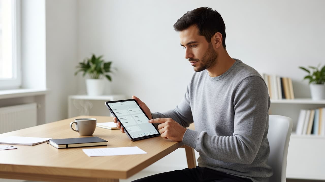 A focused individual sits at a minimalist desk inside a bright, contemporary room. They view a digital tablet for language practice alongside a notebook and a steaming ceramic coffee mug.