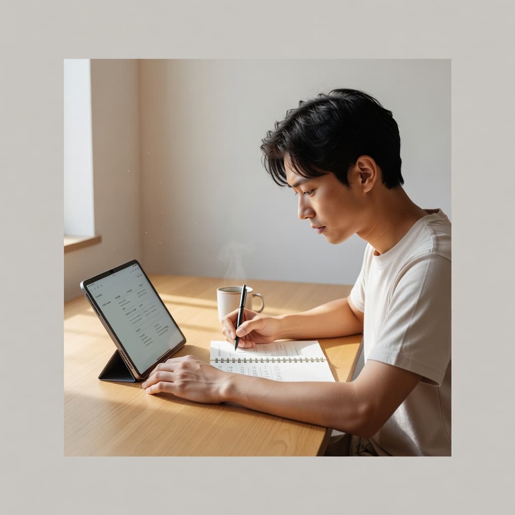 A focused individual sits at a minimalist wooden desk, using a digital tablet and an open paper notebook to review language notes. Bright morning sunlight illuminates the organized study area.