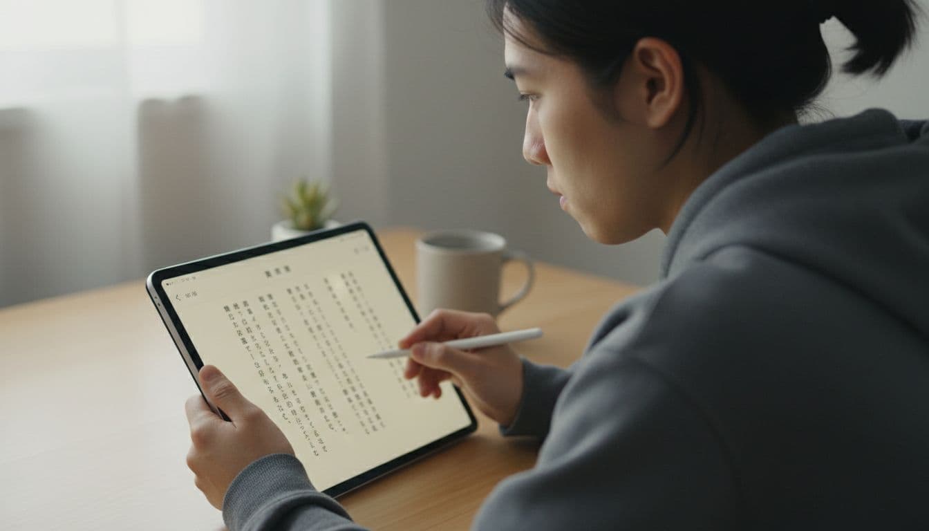 Best Japanese Reading Apps for Serious Learners in 2026 2 A focused student sits at a minimalist desk, holding a sleek tablet displaying Japanese characters. Soft natural sunlight illuminates the clean, quiet workspace while the device screen appears slightly blurred.