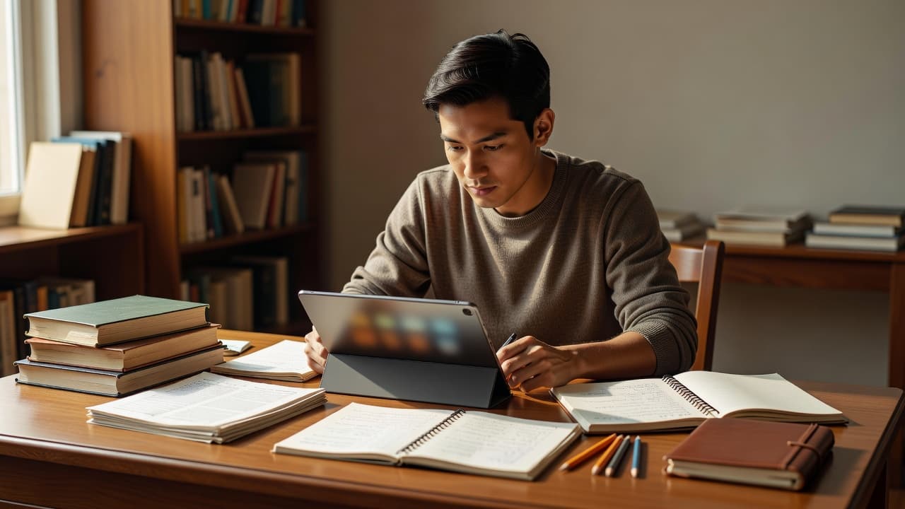 Best TOCFL Prep Apps for Serious Learners in 2026 2 A focused student sits at a tidy desk, reviewing handwritten notes and a digital tablet to prepare for a language exam. Warm sunlight illuminates the organized study area and scattered textbooks.
