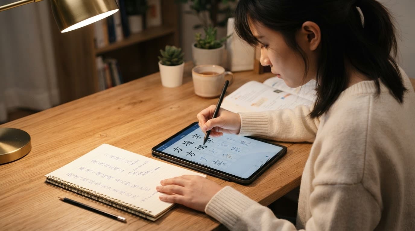 SuperTest Review 2026: A Practical HSK Prep Test 2 A student studying Mandarin characters on a tablet and notebook at a warm desk.