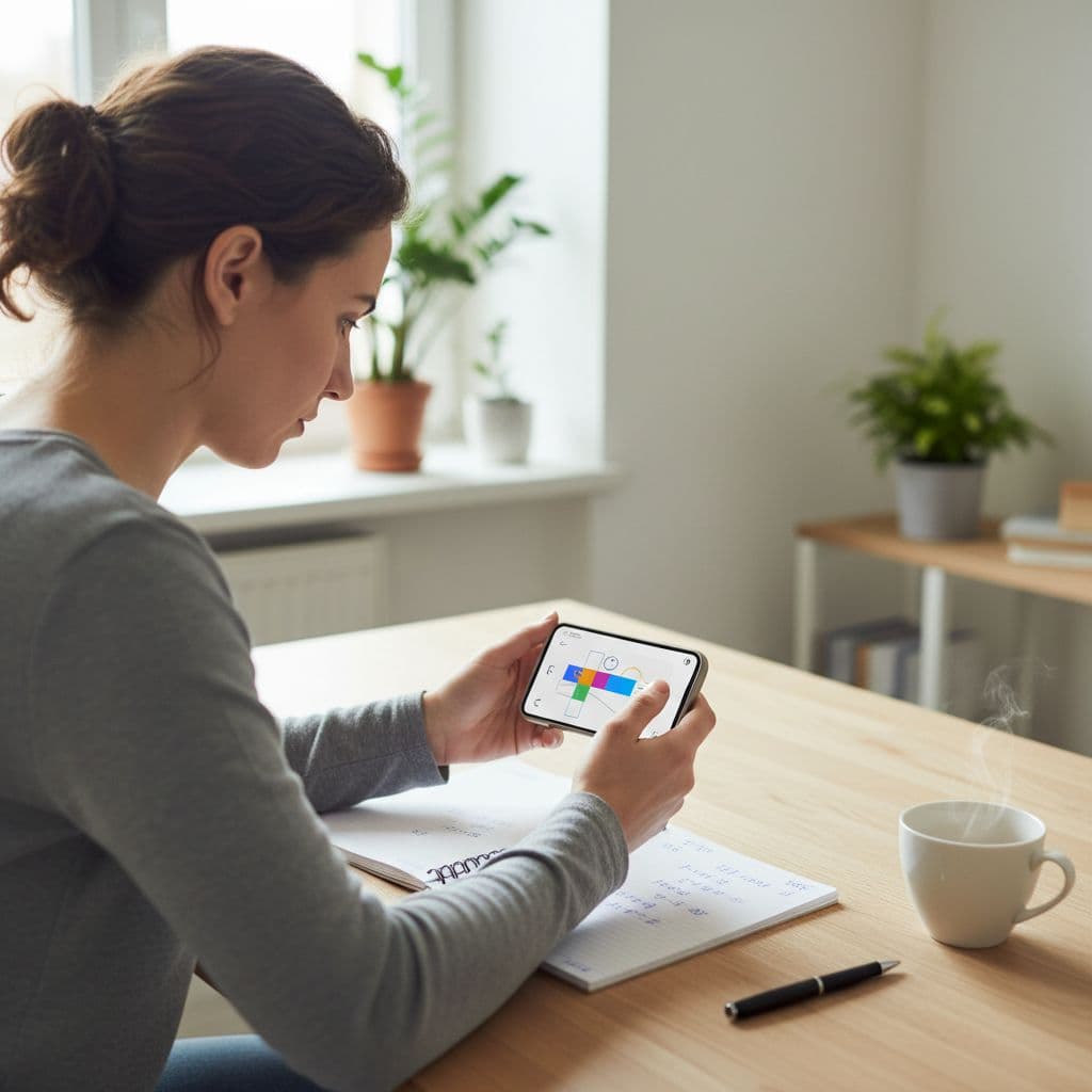 Adult student at wooden desk in bright home office uses smartphone, with notebook, pen, and tea.