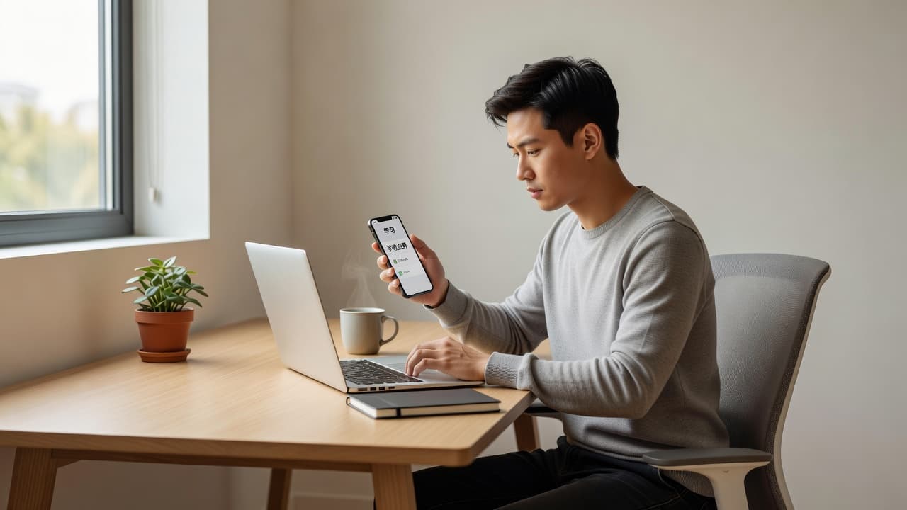HelloChinese vs Chinese Zero to Hero in 2026 2 A student studies with a smartphone and a laptop on a desk in a bright room.