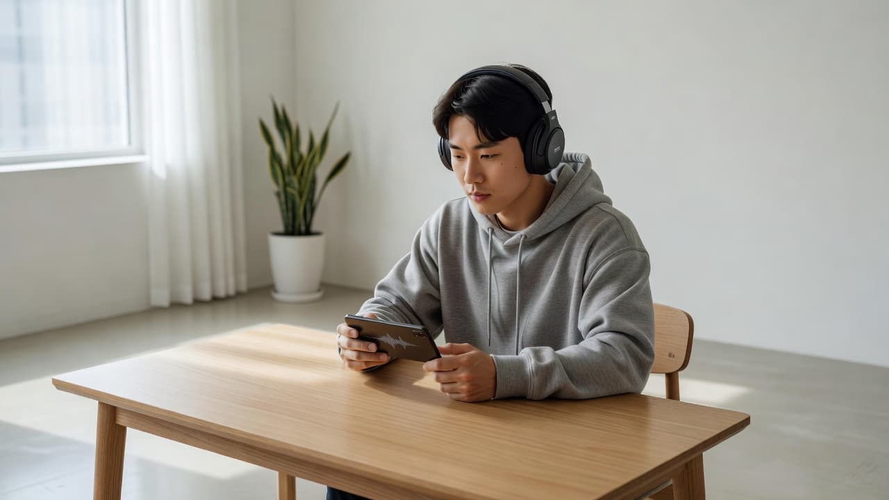 A student sits at a minimalist wooden desk in a sunlit room, wearing professional headphones while looking at a mobile phone. The clean interior space creates a focused environment for learning.