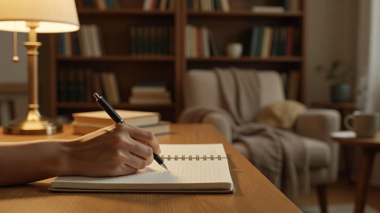 Babbel vs Mango Languages in 2026: Which App Fits You? 3 A close-up shot captures a person holding a pen above an open notebook. Soft, golden light illuminates the page, while the study room background remains out of focus to provide depth.