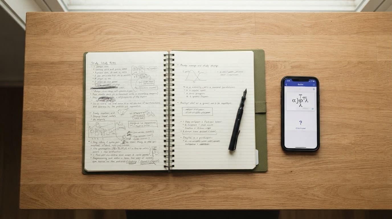 A top down view of a wooden desk with a notebook, pen, and a smartphone showing study flashcards.