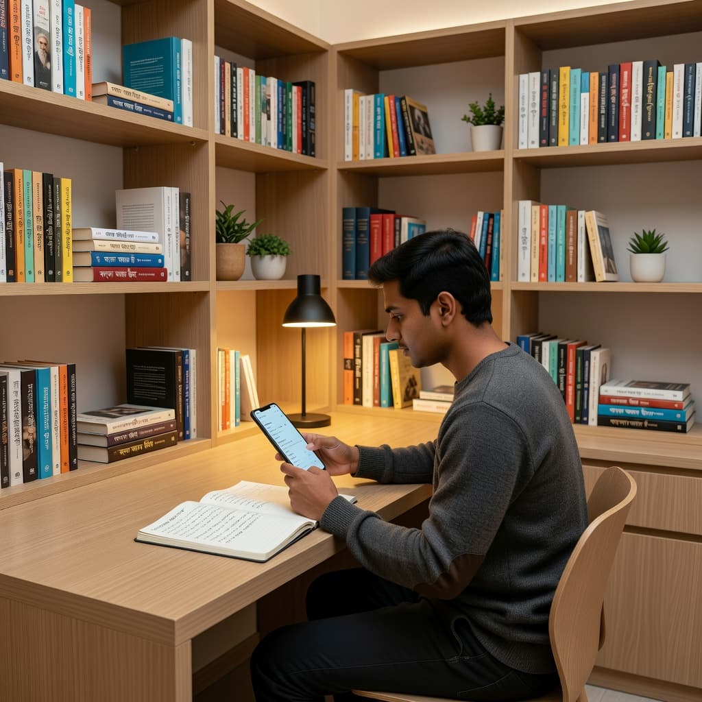 Best Bengali Learning Apps for Serious Learners in 2026 2 A focused individual sits at a clean wooden desk inside a brightly lit home library. They are holding a mobile device to study while surrounded by shelves filled with organized books.