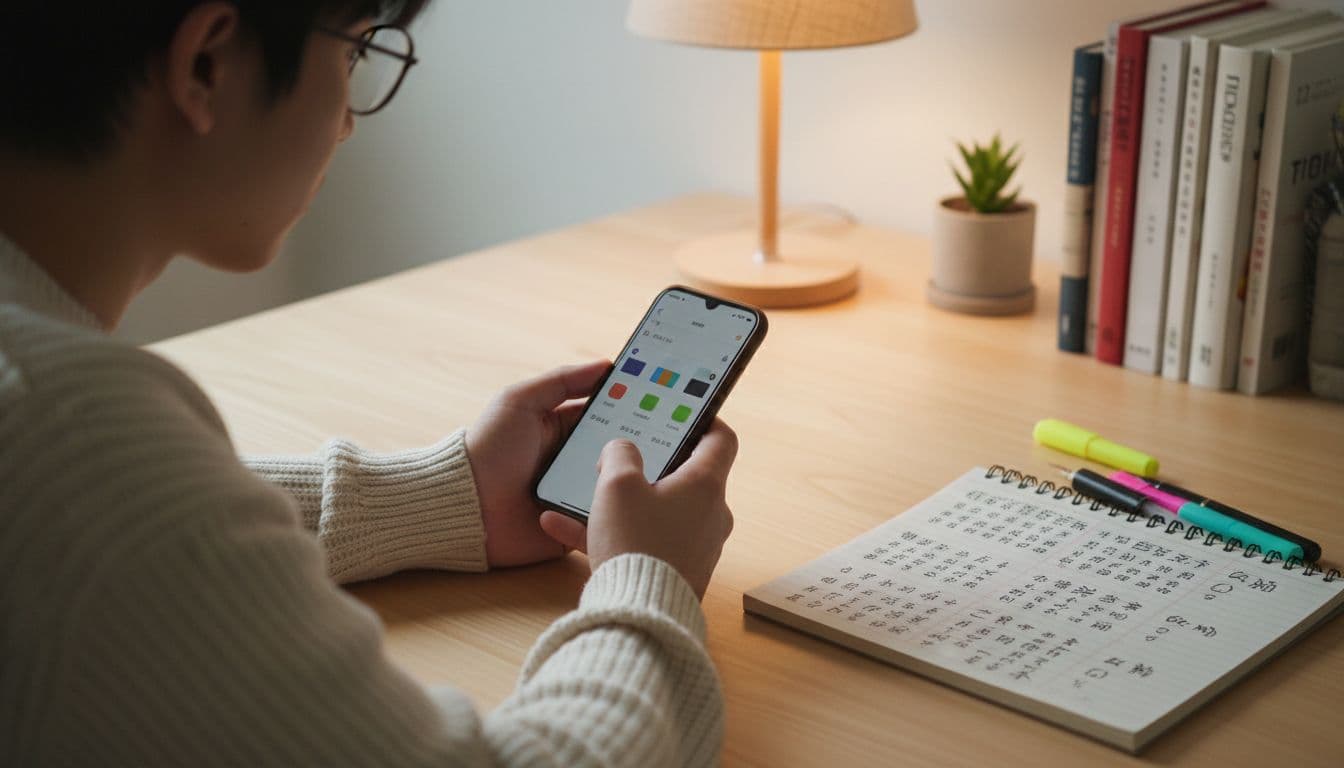 Best Cantonese Learning Apps for Serious Learners in 2026 2 A person uses a smartphone at a wooden desk with an open notebook for language study.
